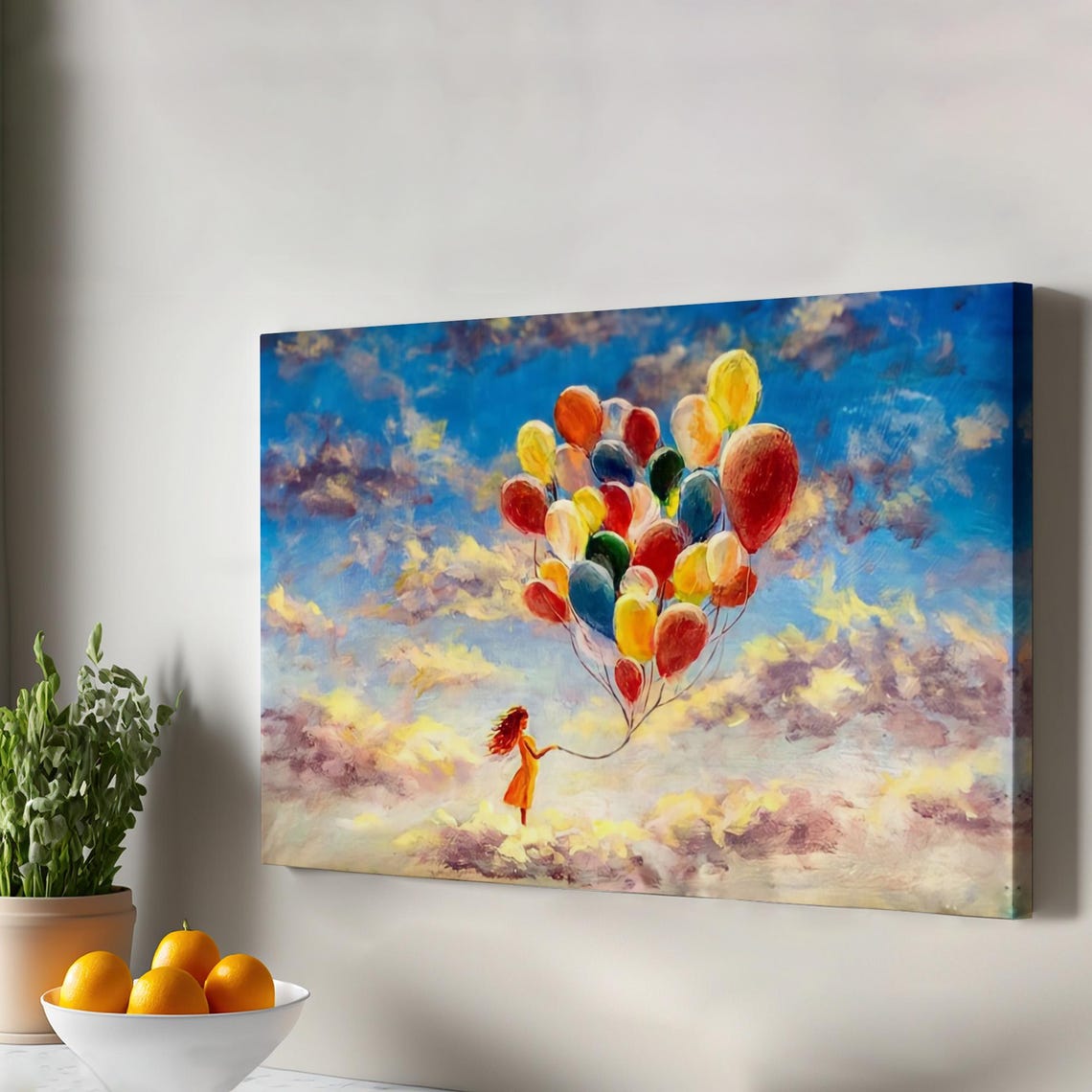 Girl Holding Colorful Balloons Above the Clouds Whimsical Poster