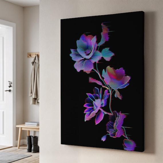 Glitch Flower Canvas Wall Art Neon Floral Line Print On Black Futuristic Botanical Decor Dark Gift For Alt Modern Homes