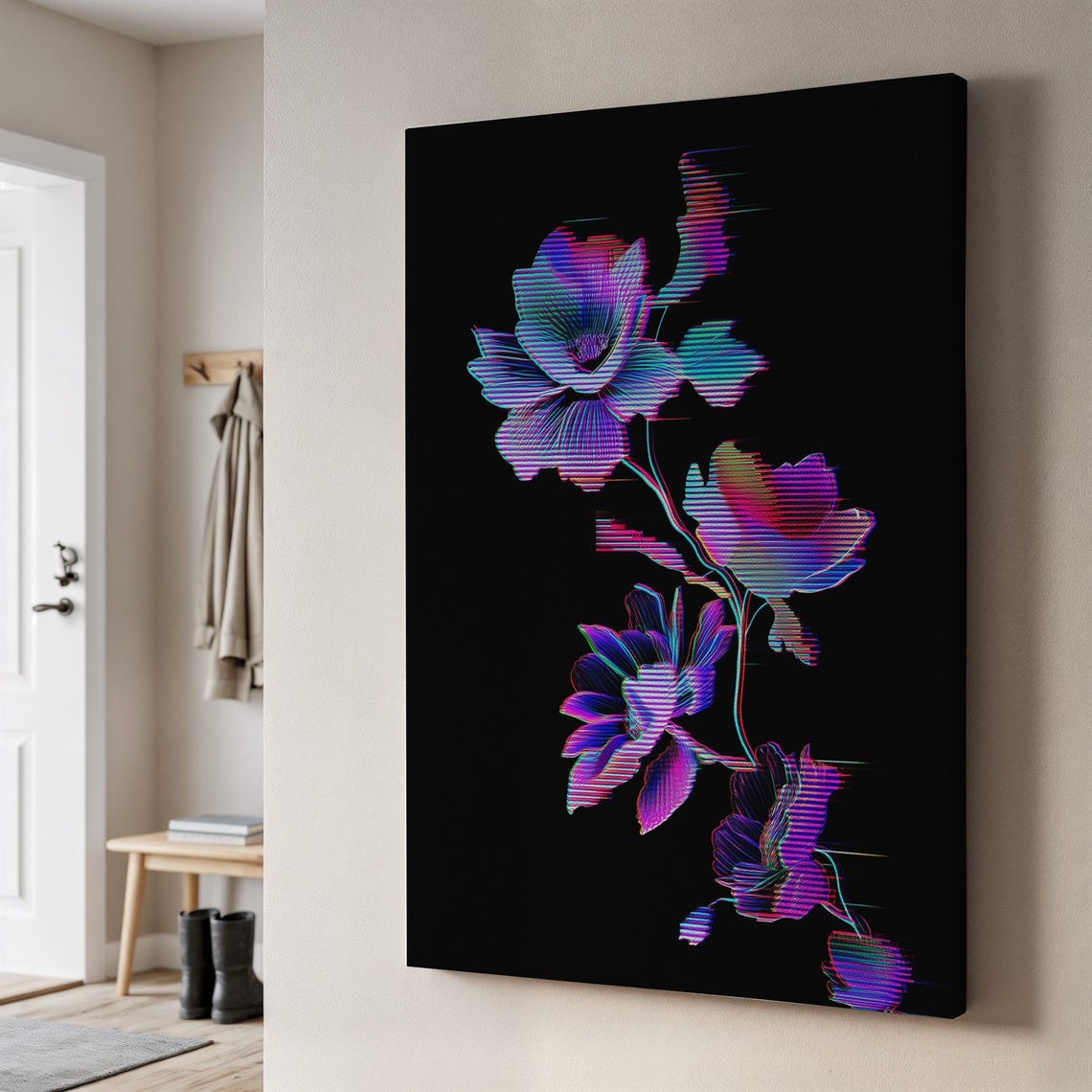 Neon Glitch Flowers Black Background Futuristic Botanical Poster