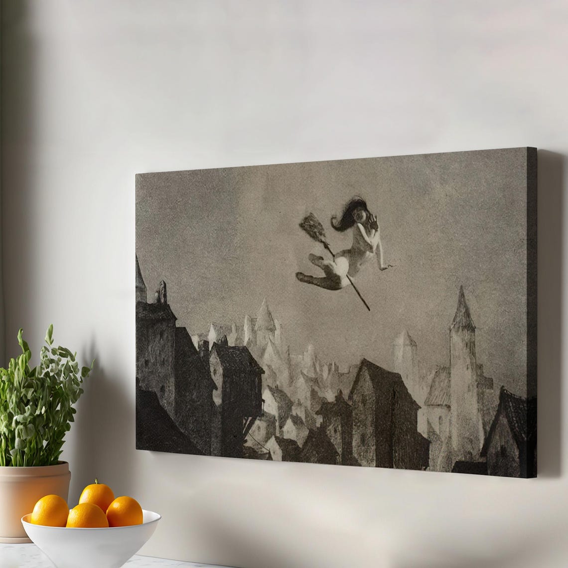 Vintage Witch Broom Flight Moonlit Old Town Halloween Poster