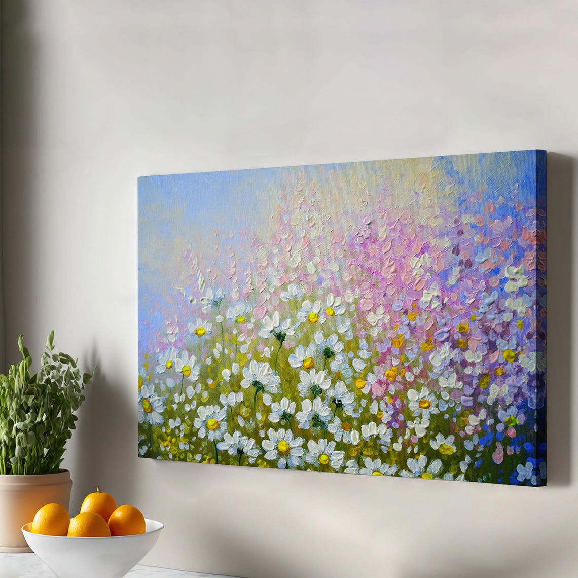 White Daisies Wildflowers Spring Meadow Oil Painting Canvas Print