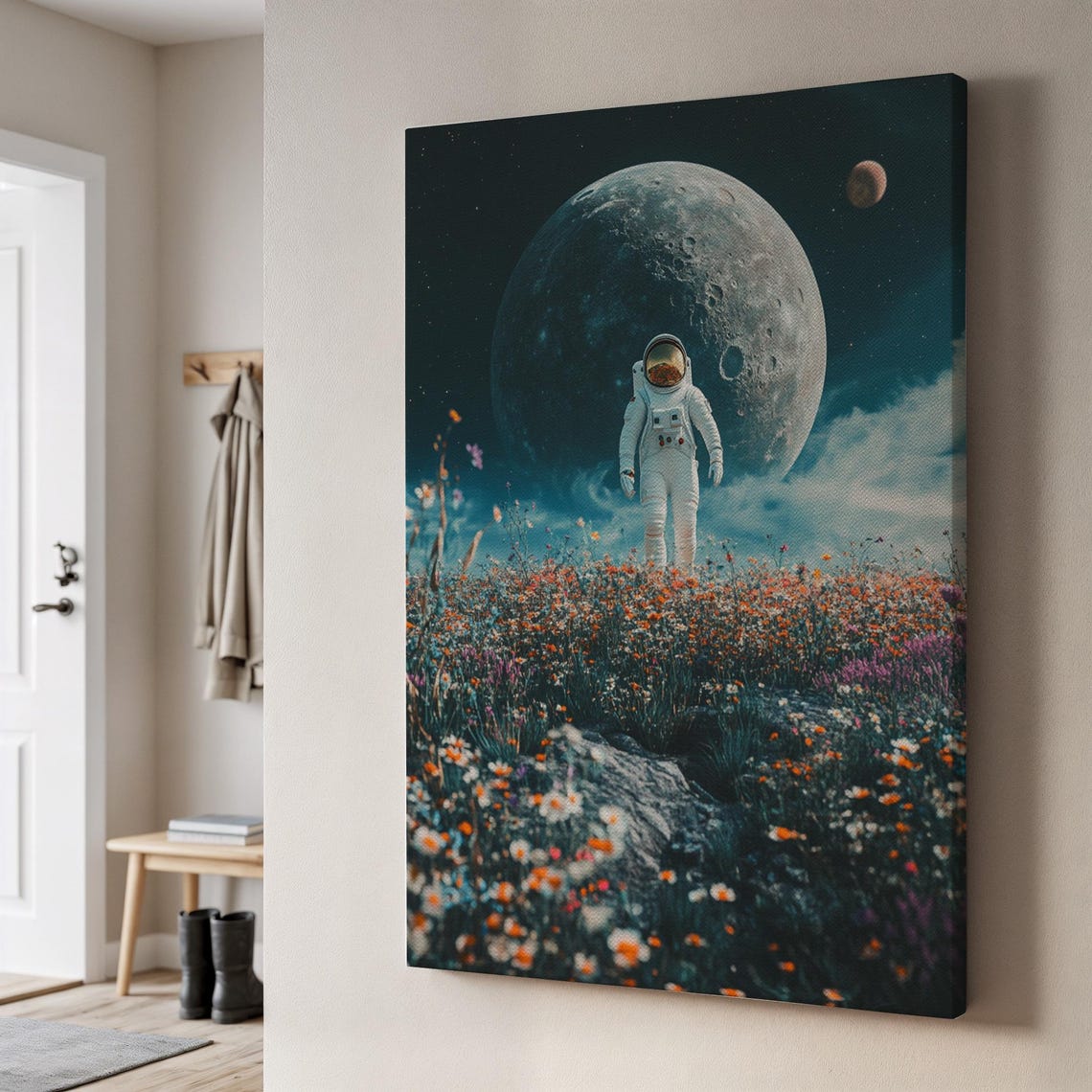 Astronaut in Flower Field Cosmic Surreal Moon Landscape Poster