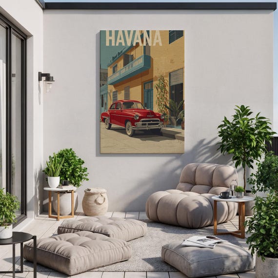Havana Vintage Canvas Wall Art Classic Red Car In Cuban Streets Retro Travel Print Framed Gift For Lovers And Tropical Decor