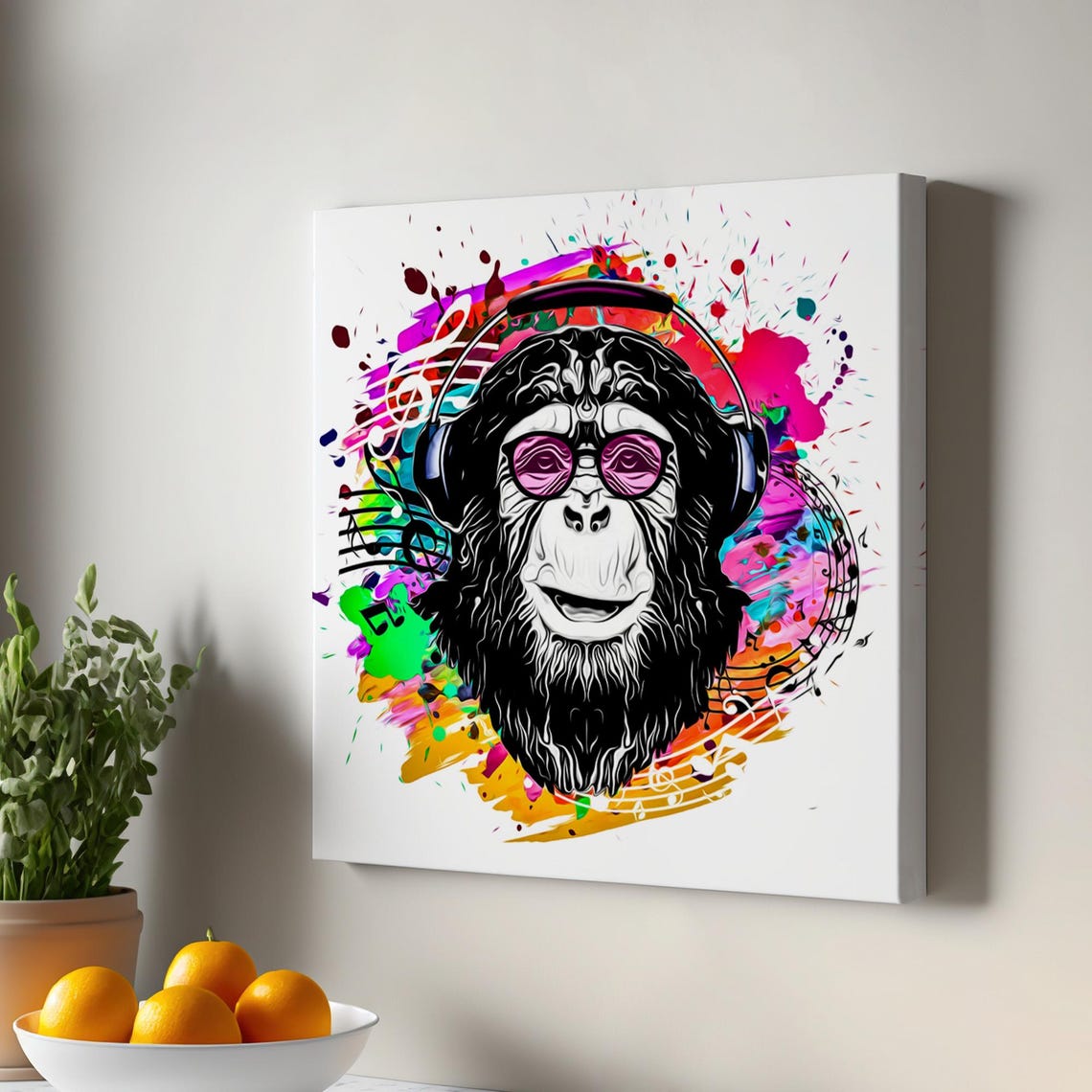 DJ Monkey Headphones Sunglasses Colorful Splash Animal Canvas Poster