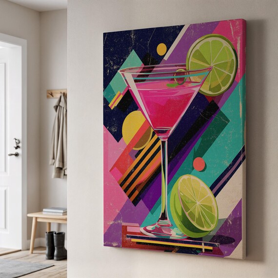 Retro Vibrant Pink Cocktail with Lime Pop Art Geometric Bar Poster