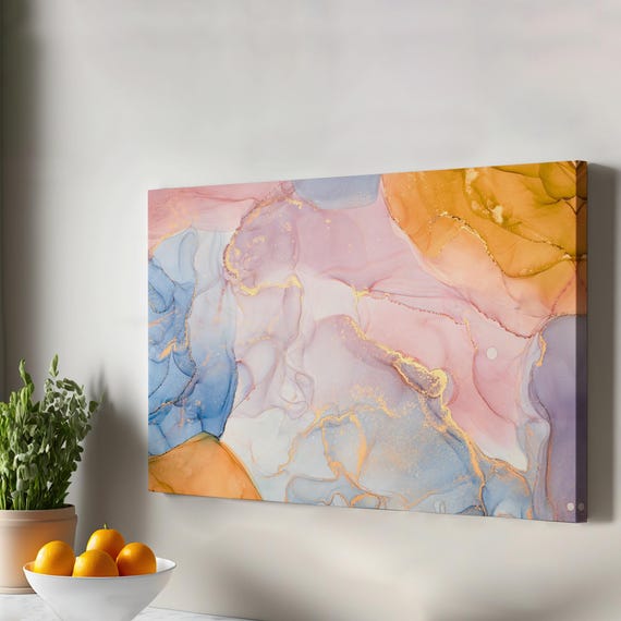 Canvas Art With Ink And Alcohol Elements In Marble Pattern Abstract Modern Wall Decor Framed