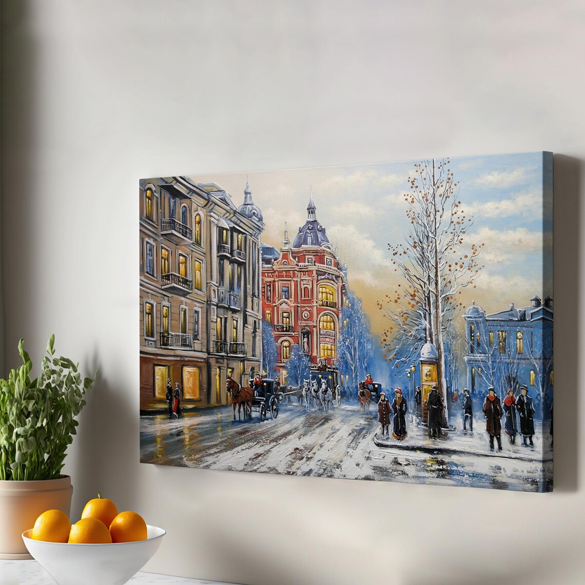 Historic Kyiv Winter Street Horse Sleighs Oil Painting Canvas Wall Art