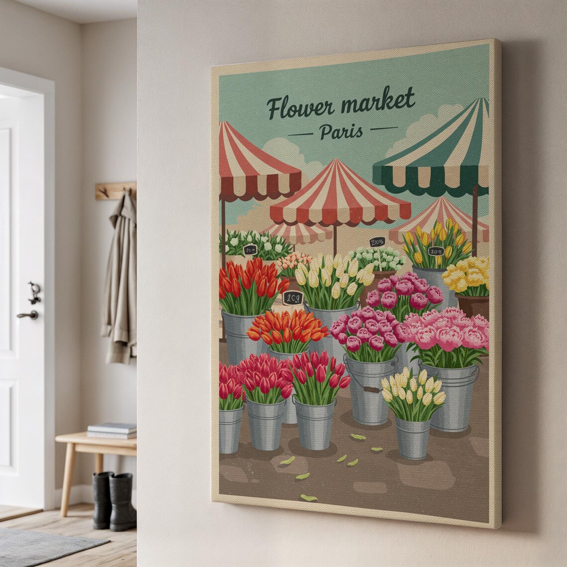 Flower Market Paris Vintage Style Canvas Tulip Stall Flower Shop Poster