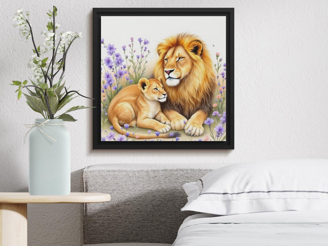 Lion and Cub Resting in Lavender Watercolor Nursery Animal Poster