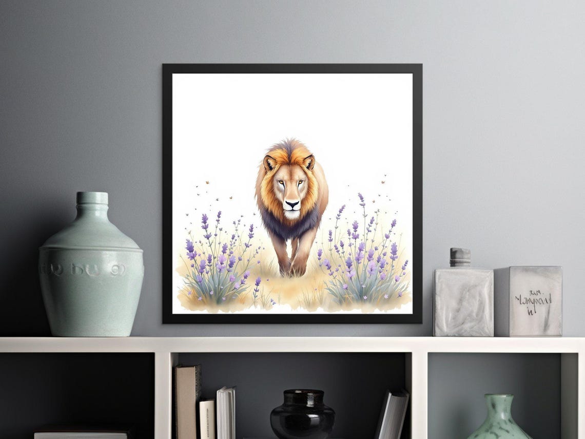 Lion Walking Through Lavender Field Realistic Animal Art Poster - Image 2