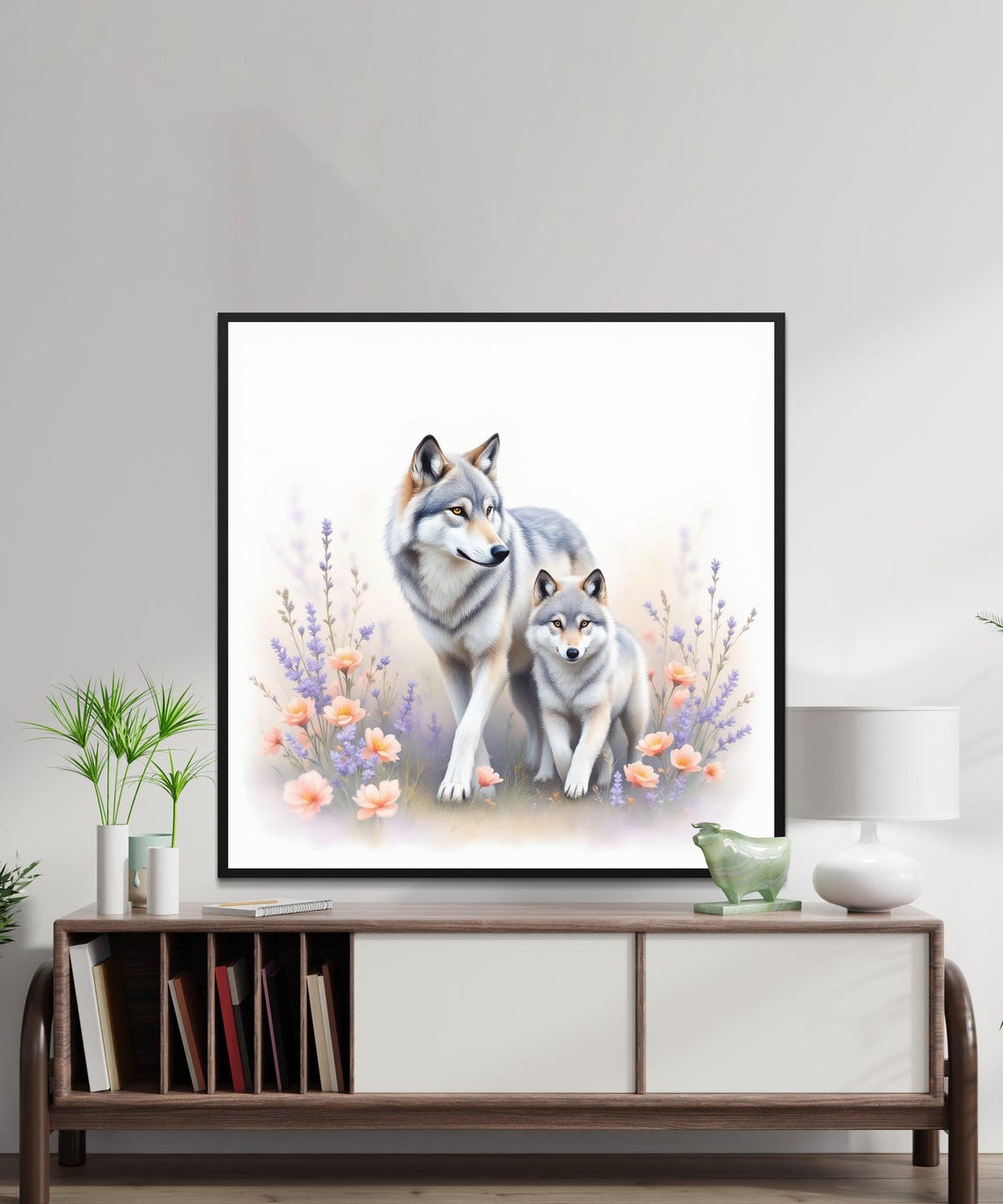 Wall Art Print Beautiful Wolf And Pup Watercolour Wall Art Wolf Family Floral Art Animal Art Print Wolf And Flowers Png