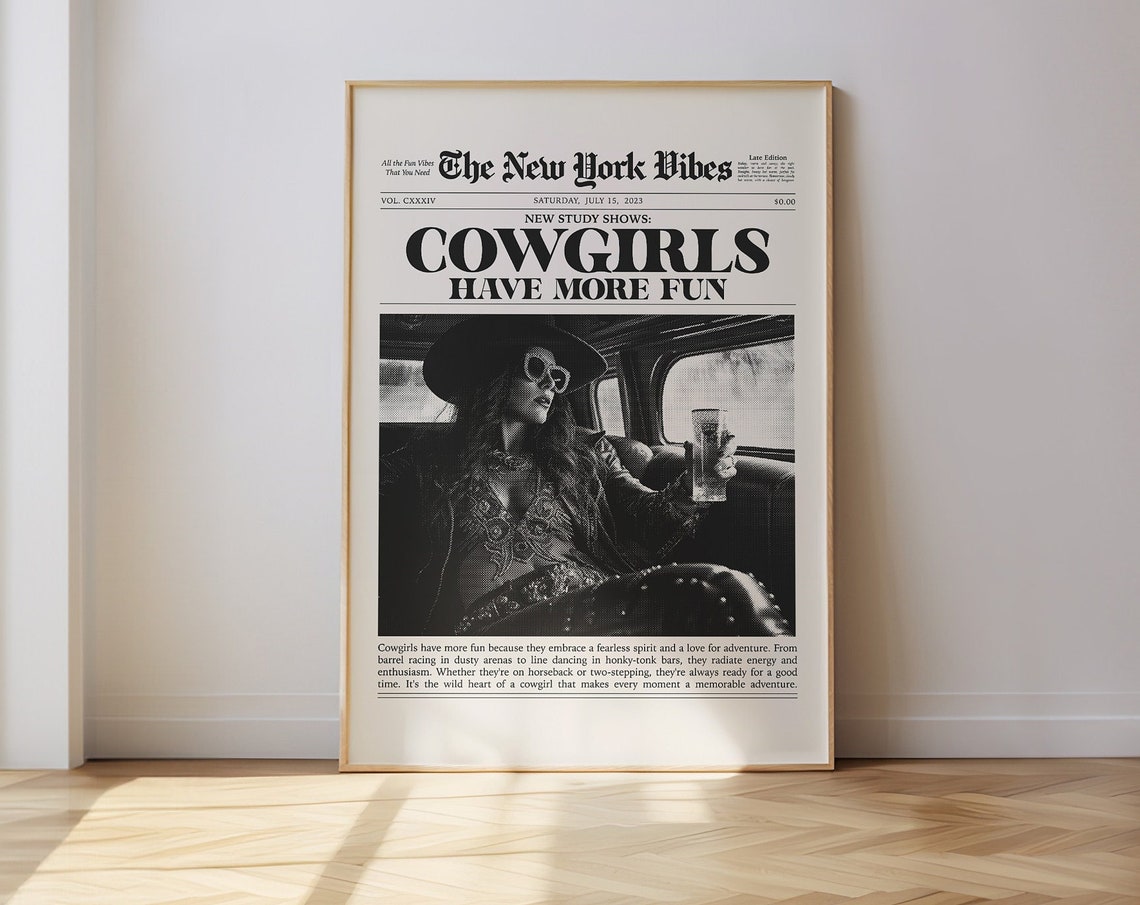 Cowgirl Wall Print Trendy Newspaper Print Bar Cart Decor Disco Cowgirl Art Western Wall Art Hot Girl Prints 0932