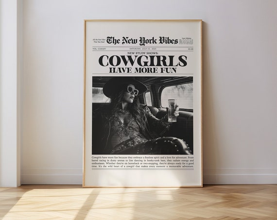 Cowgirl Wall Print Trendy Newspaper Print Bar Cart Decor Disco Cowgirl Art Western Wall Art Hot Girl Prints 0932