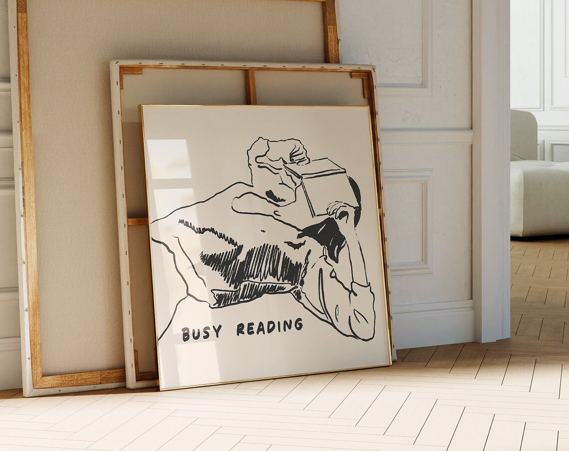 Busy Reading Line Drawing of Woman Lounging with a Book Poster
