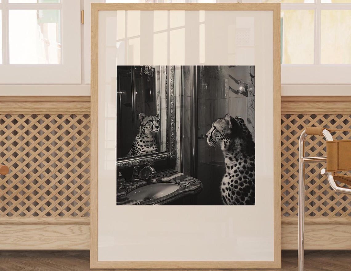 Cheetah Gazing At Its Reflection In Bathroom Mirror Photo Poster