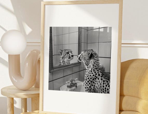Black and White Cheetah Mirror Bathroom Humor Animal Photo Poster