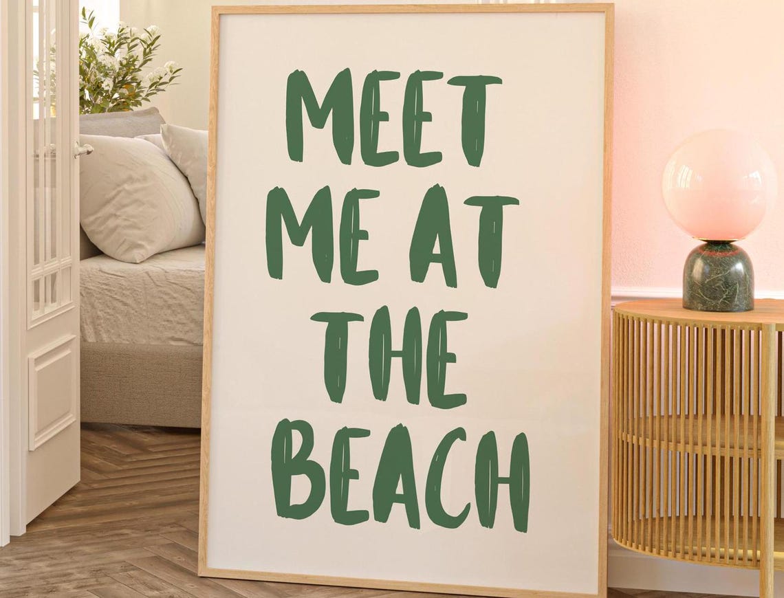 Meet Me At The Beach Green Hand Lettered Coastal Typography Poster