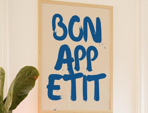 Bon Appetit Blue Painted Lettering Cream French Kitchen Poster