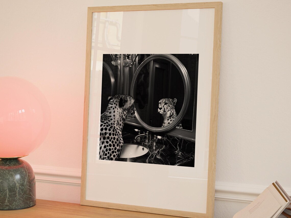Cheetah Mirror Reflection Black and White Wildlife Photo Poster