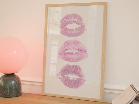 Pink Art Prints Trendy Wall Kiss Lips Dorm Print Preppy Girly Fashion Makeup Decor