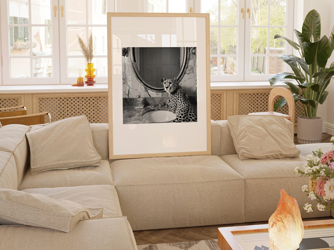 Black and White Cheetah at a Marble Bathroom Sink Photo Poster - Image 2