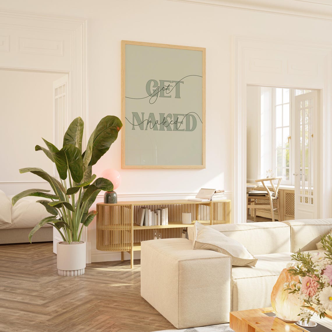 Get Naked Sage Green Script Typography Funny Bathroom Decor Wall Art