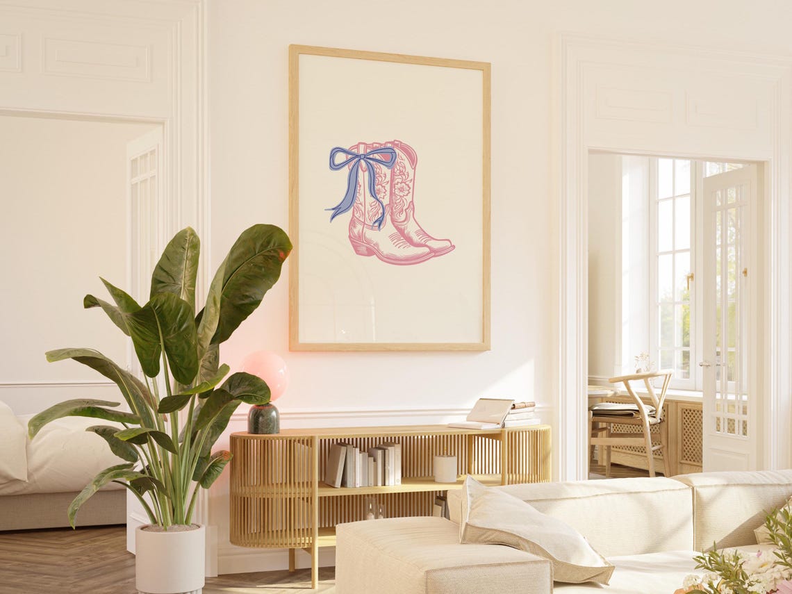 Coquette Pink Cowboy Boots Print Vintage Western Wall Art Cowgirl Trendy Cowgirl Art Poster Wild West Blue Bow Home Decor - Image 3
