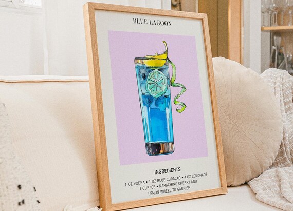 Bar Cart Print Cocktail Poster Wedding Party Signature Drink Sign Trendy Wall Minimalist Elegant Sophisticated Retro Blue Lagoon