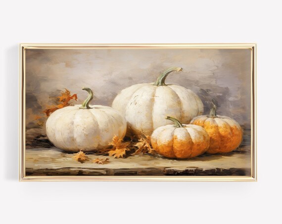 White Pumpkins Autumn Vintage Oil Painting Fall Harvest Still Life Decor Poster