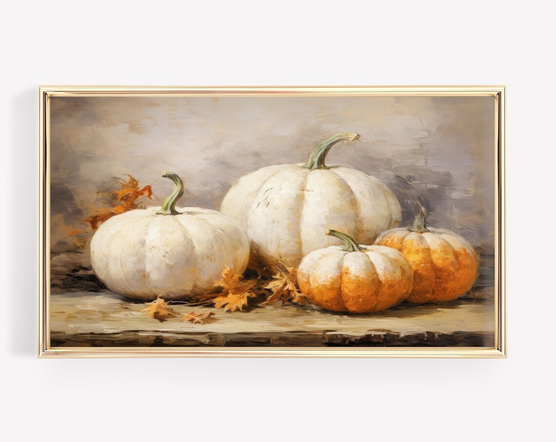 White Pumpkins Autumn Vintage Oil Painting Fall Harvest Still Life Decor Poster