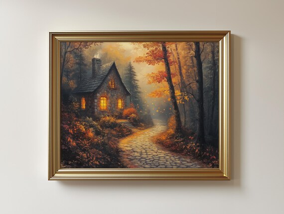Glowing Autumn Cottage Painting Rustic Forest Path Cozy Fall Decor Art 90