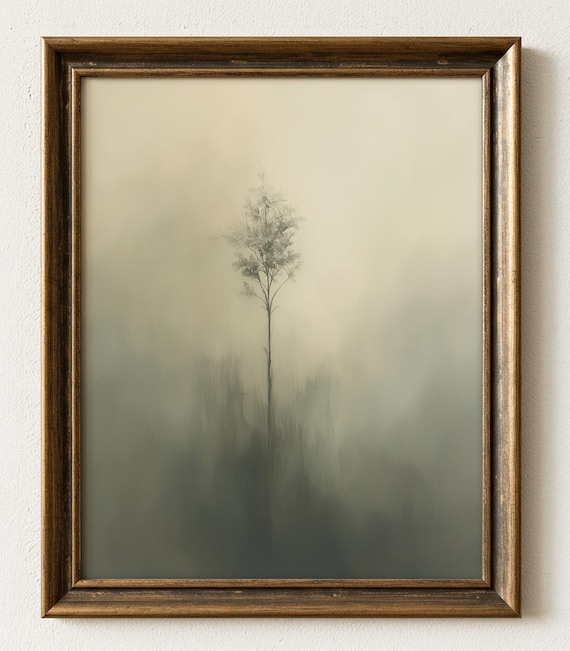 Lone Tree in Fog Misty Minimalist Neutral Calm Modern Art Poster