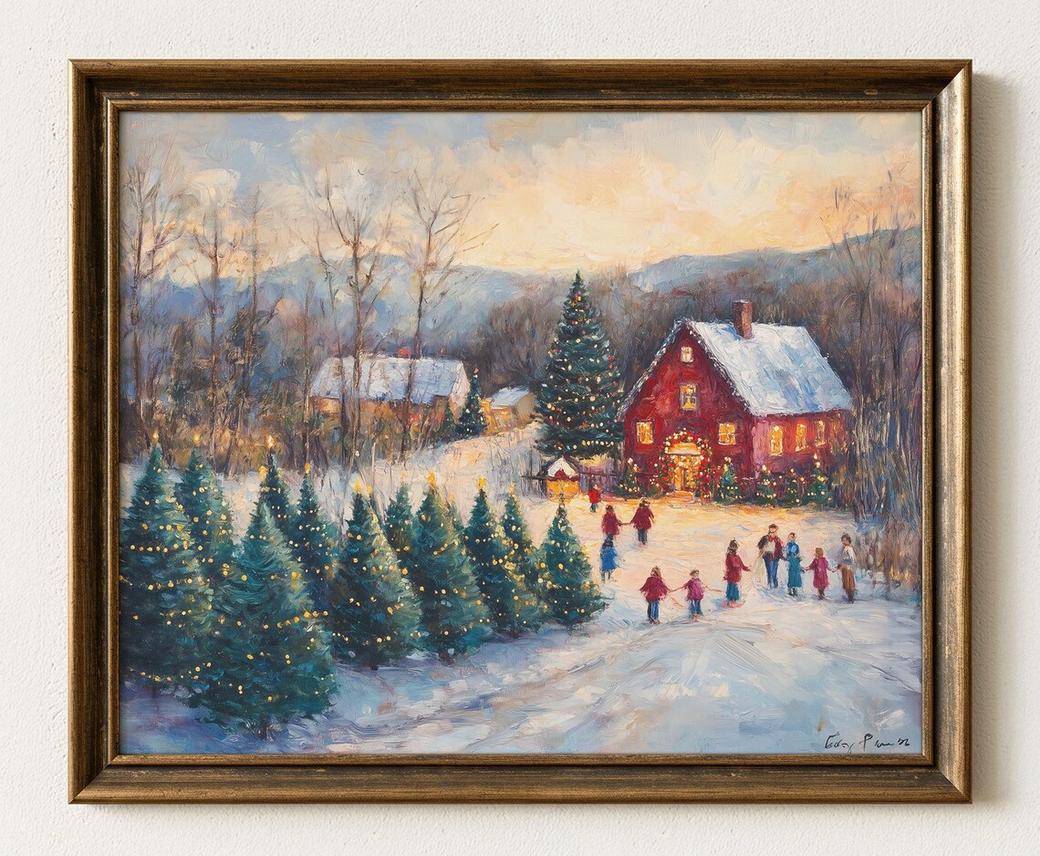 Vintage Christmas Tree Farm Painting Rustic Snowy Landscape Print 626