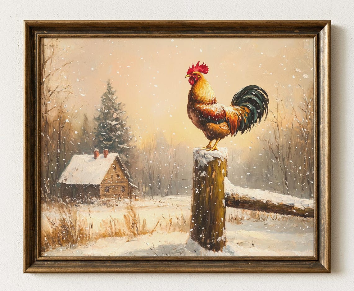 Rustic Winter Rooster on a Snowy Farm Fence Oil Painting Poster