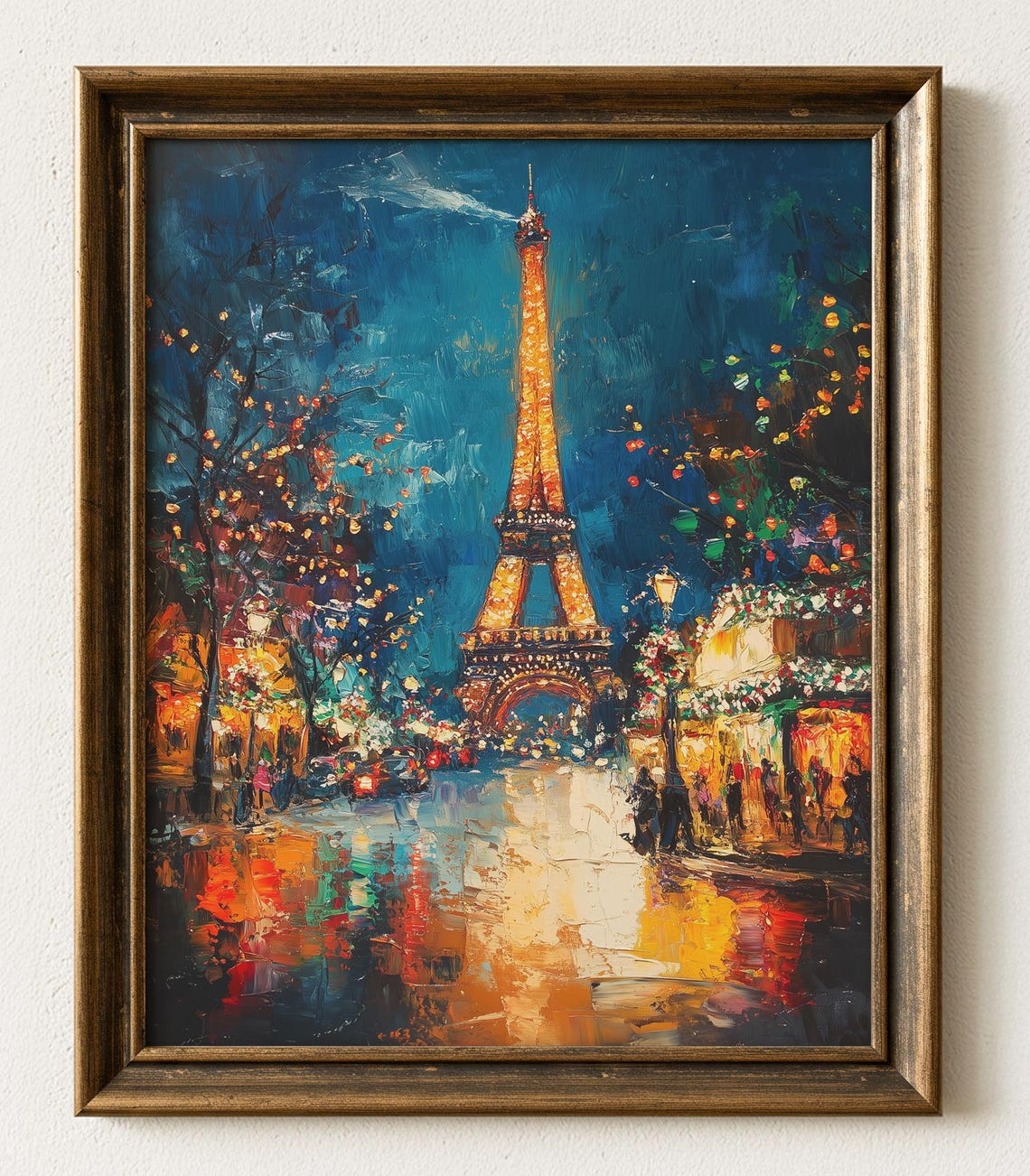 Eiffel Tower Paris Christmas Lights Night Oil Painting Poster