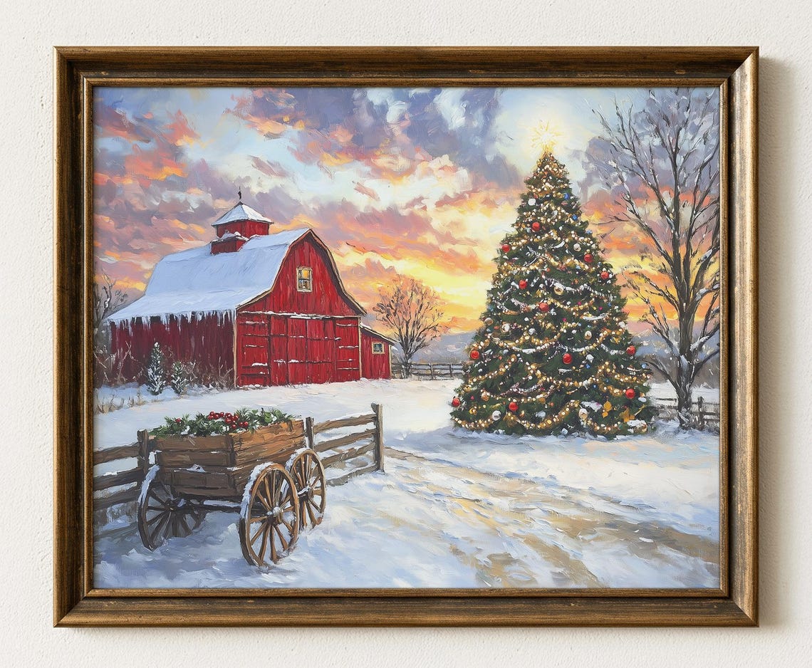 Red Barn At Sunset With Lit Christmas Tree Wooden Wagon Snowy Poster