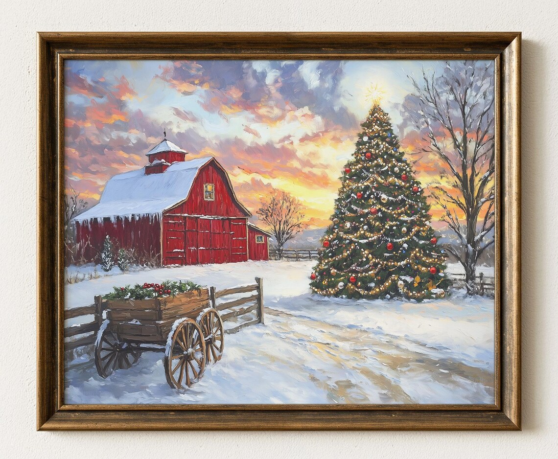 Winter Red Barn Christmas Tree Print Rustic Farmhouse Decor 620