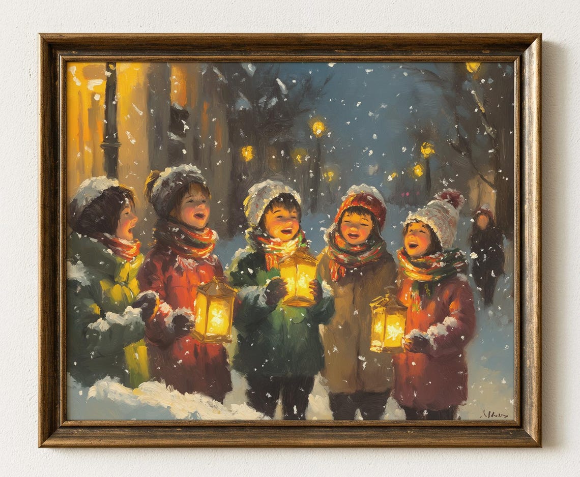Christmas Caroling Children with Lanterns in Snow Vintage Art Poster