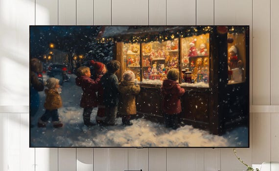 Vintage Christmas Shop Window Art For Frame Tv Cozy Holiday Scene With Snow And Children Classic Festive 1205