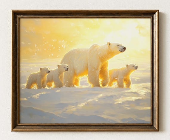 Polar Bear Family Art Print Winter Wildlife Scene 646