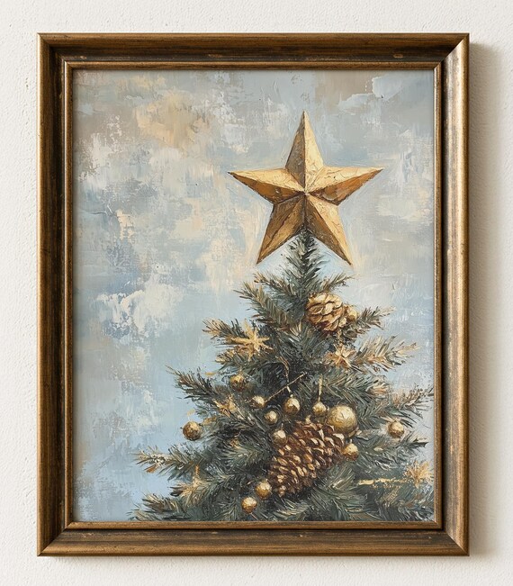 Christmas Tree Gold Star Topper Vintage Ornaments Pinecone Art Print