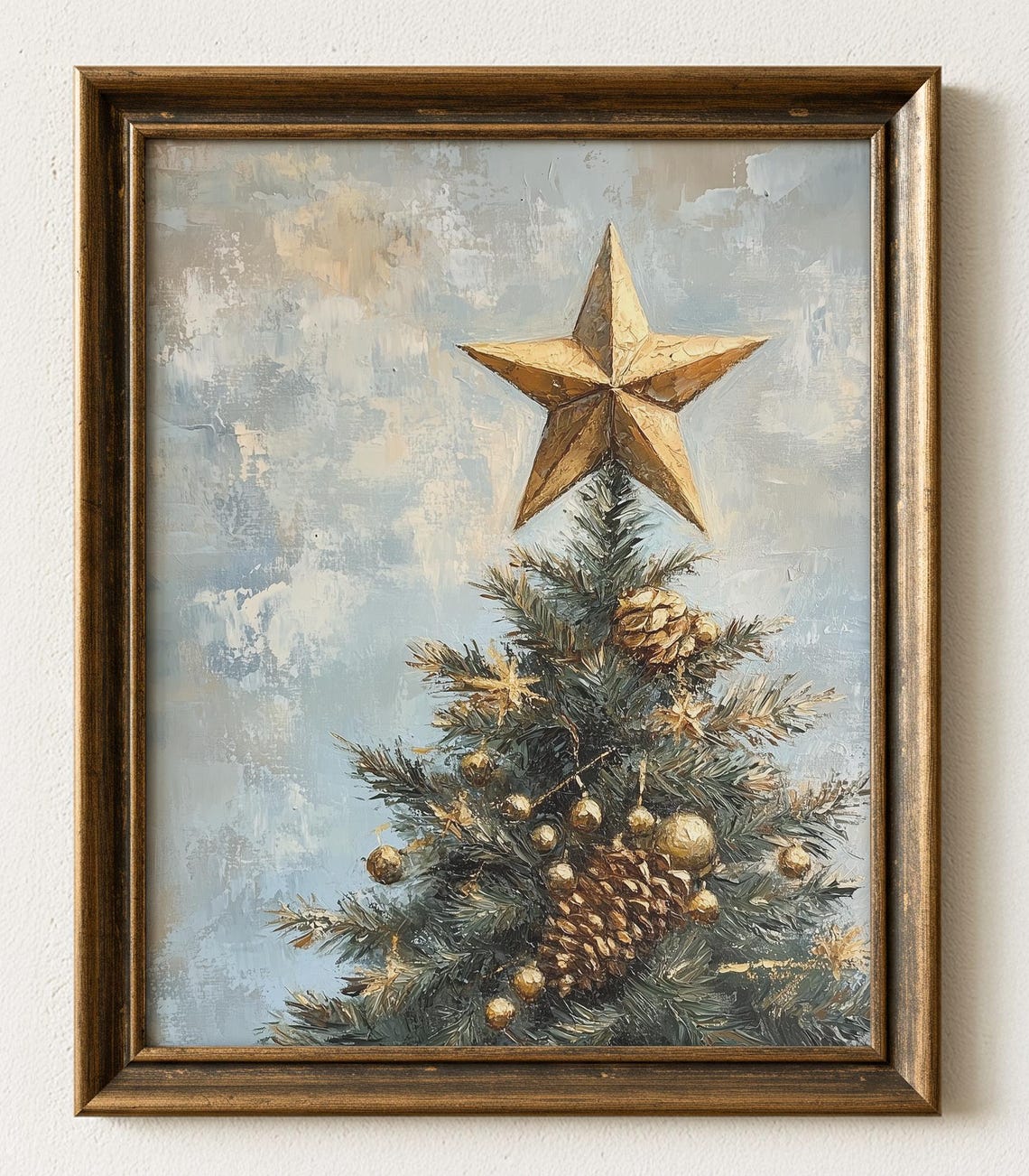 Christmas Tree Gold Star Topper Vintage Ornaments Pinecone Art Print