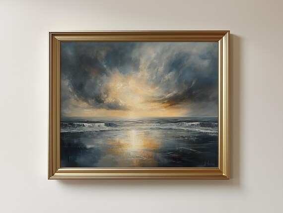 Moody Coastal Seascape Print Rustic Stormy Ocean Painting 384