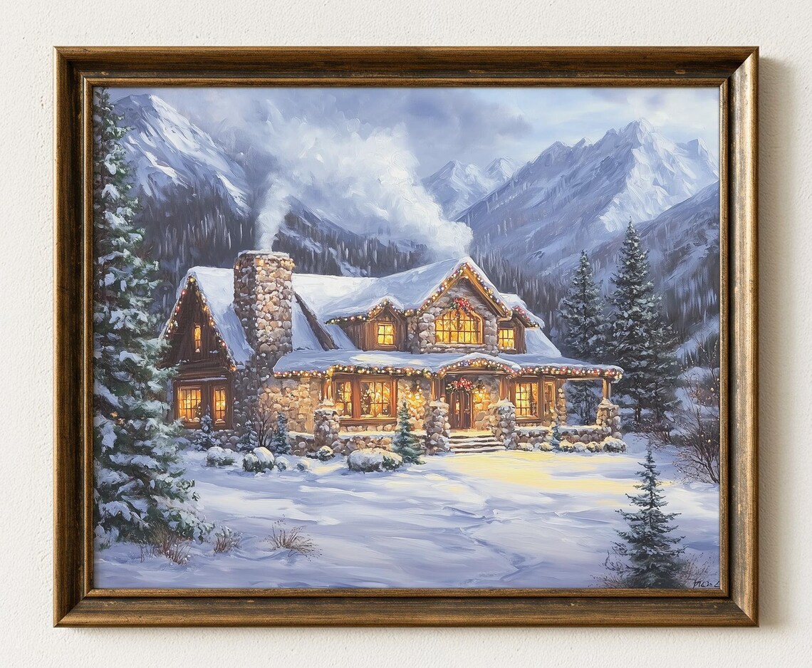 Christmas Cabin, Snowy Mountain Lodge Holiday Decor
