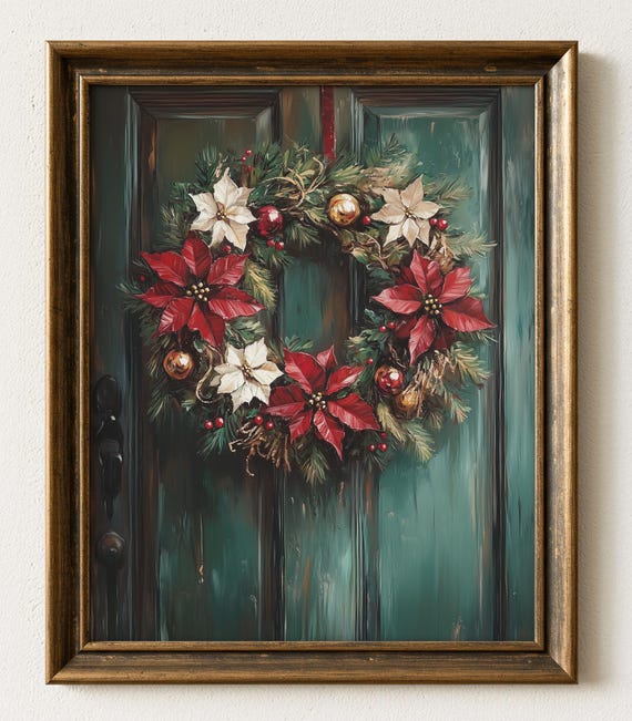 Vintage Christmas Wreath Painting Rustic Holiday Wall Art 612