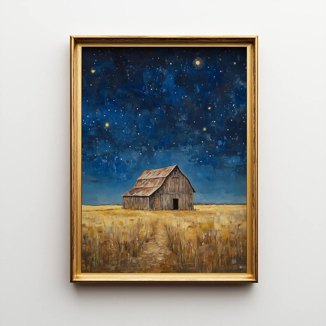Starry Night Over Rustic Barn, Vintage Landscape