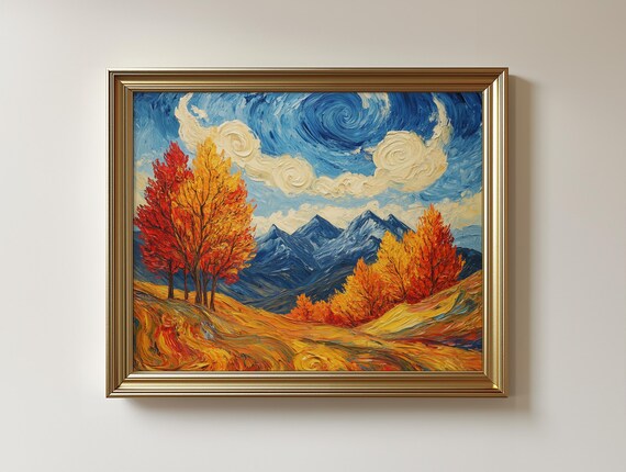 Autumn Mountain Landscape Print Swirling Sky Rustic Fall Trees 89