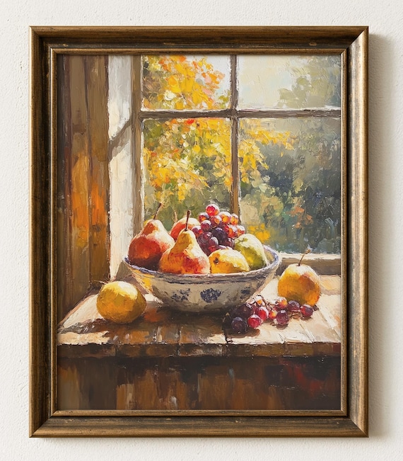Autumn Fruit Bowl Windowsill Still Life Oil Painting Kitchen Poster