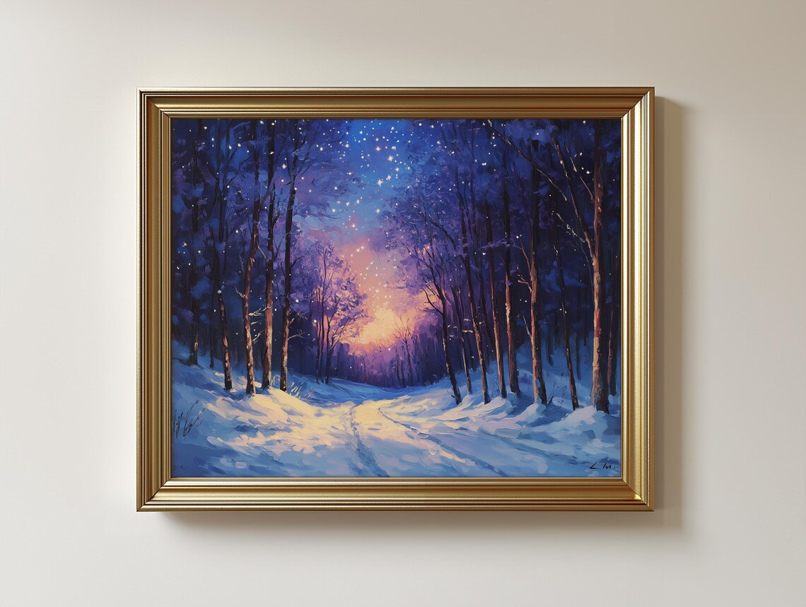 Winter Forest Dusk Art Print, Serene Snowy Landscape