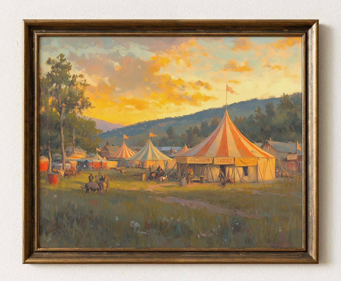 Vintage Circus Big Top Tents Sunset Field Americana Carnival Poster